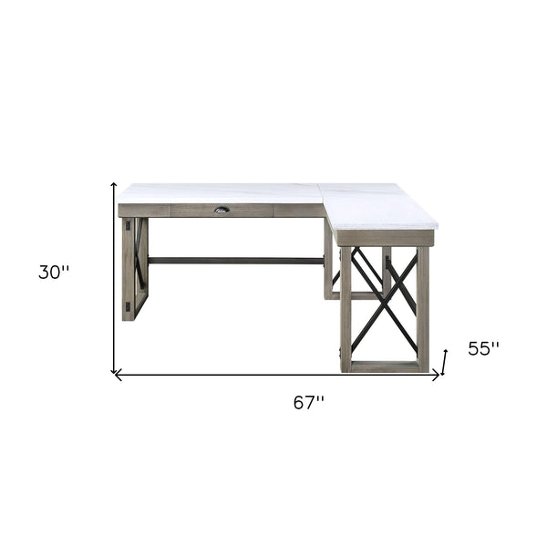 Homeroots 67" White And Brown Marble L Shape Writing Desk   491525