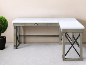 Homeroots 67" White And Brown Marble L Shape Writing Desk   491525