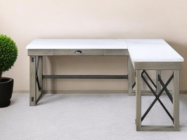 Homeroots 67" White And Brown Marble L Shape Writing Desk   491525