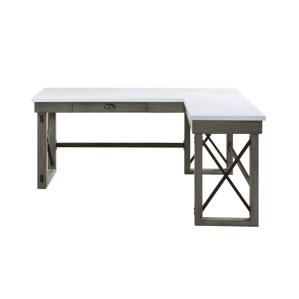 Homeroots 67" White And Gray Marble L Shape Writing Desk   491526