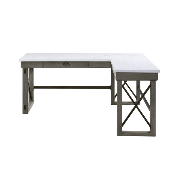 Homeroots 67" White And Gray Marble L Shape Writing Desk   491526