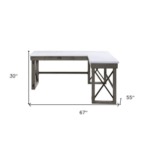 Homeroots 67" White And Gray Marble L Shape Writing Desk   491526