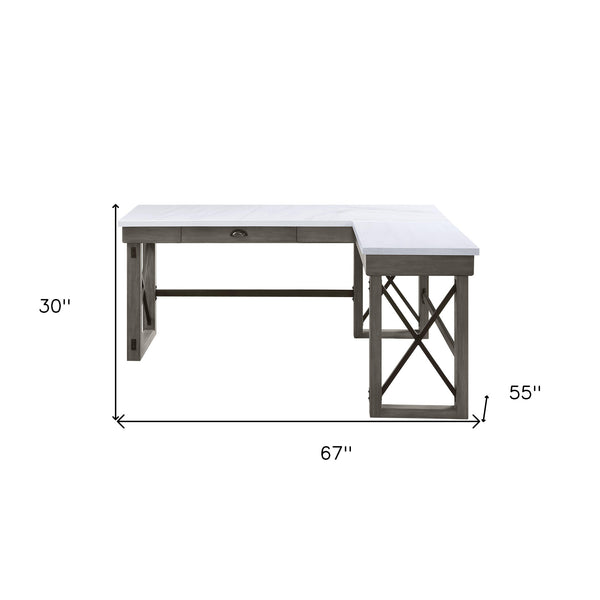 Homeroots 67" White And Gray Marble L Shape Writing Desk   491526