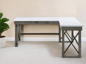 Homeroots 67" White And Gray Marble L Shape Writing Desk   491526