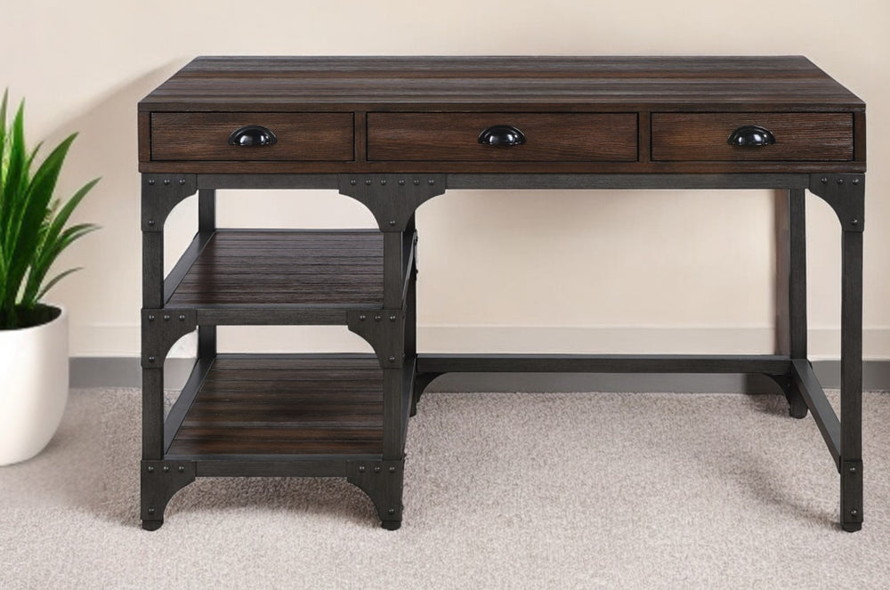 Homeroots 47" Espresso And Gray Writing Desk With Three Drawers   491528