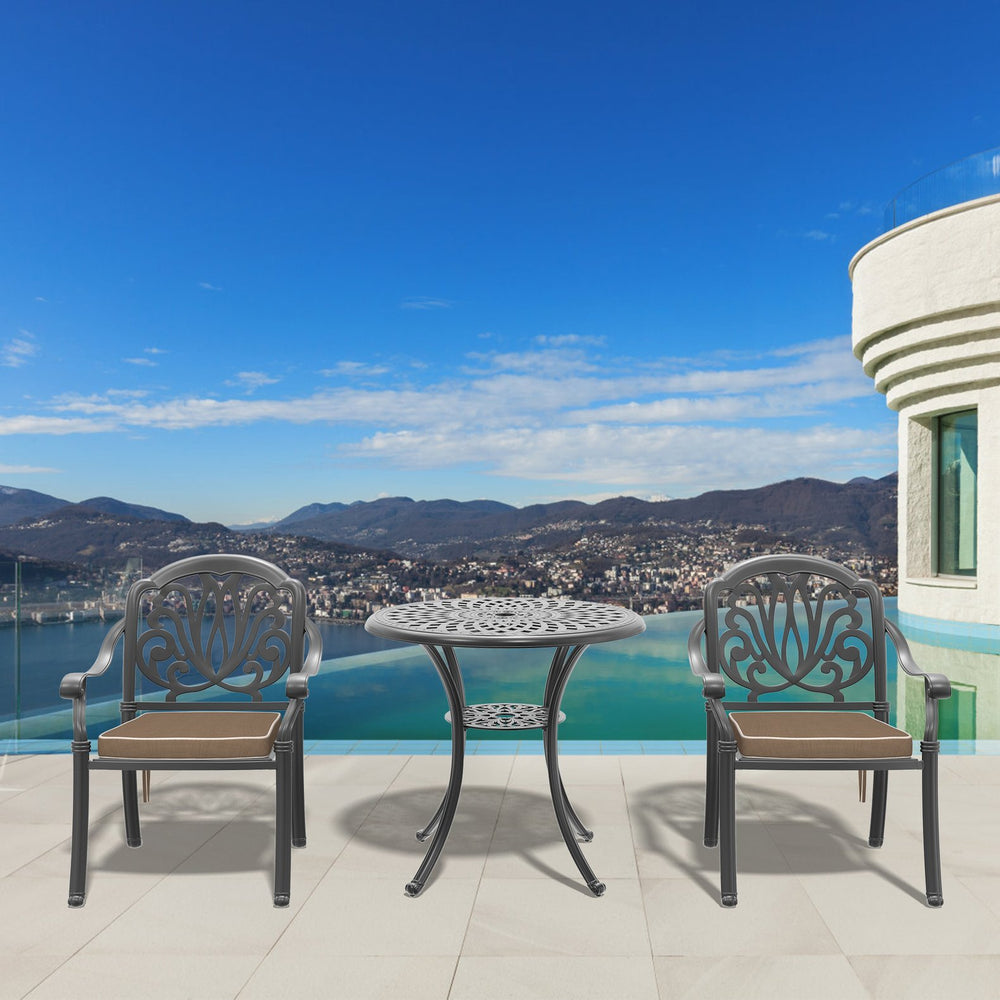 English Elm 3-Piece Elegant Cast Aluminum Patio Set With Brown Cushions – Stylish, Durable, Space-Saving Design W1710S00043