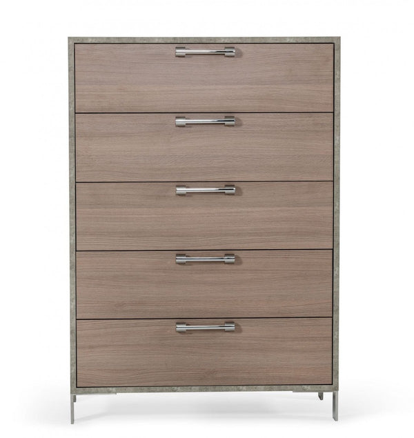 Homeroots 35" Brown Oak And Grey Solid And Manufactured Wood Five Drawer Chest  Solid And Manufactured Wood 491542
