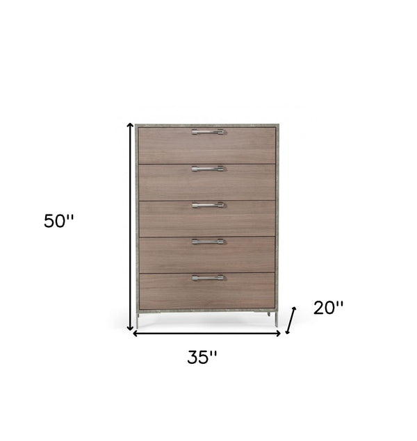 Homeroots 35" Brown Oak And Grey Solid And Manufactured Wood Five Drawer Chest  Solid And Manufactured Wood 491542