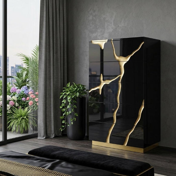 30 Inch Carved Abstract Five Drawer Dresser in Black Gold Finish Bedroom Storage