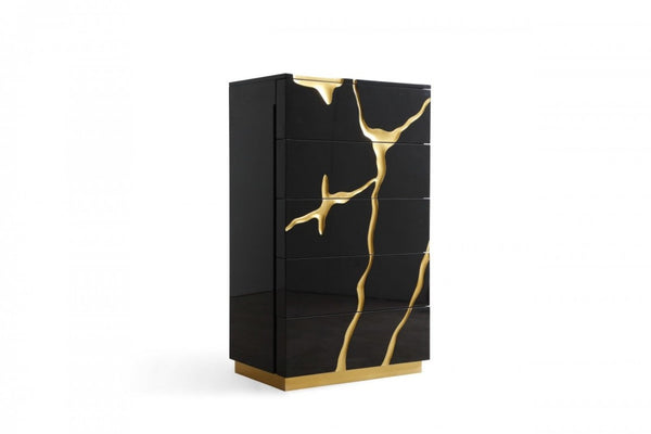 30 Inch Carved Abstract Five Drawer Dresser in Black Gold Finish Bedroom Storage