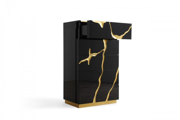 30 Inch Carved Abstract Five Drawer Dresser in Black Gold Finish Bedroom Storage