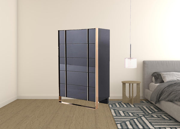 Homeroots 33" Black Gold Manufactured Wood + Solid Wood Stainless Steel Five Drawer Chest  Solid And Manufactured Wood 491547