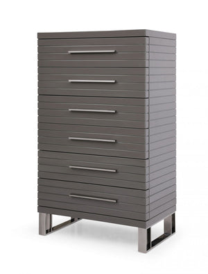 Homeroots 30" Grey Manufactured Wood + Solid Wood Stainless Steel Six Drawer Chest  Solid And Manufactured Wood 491549
