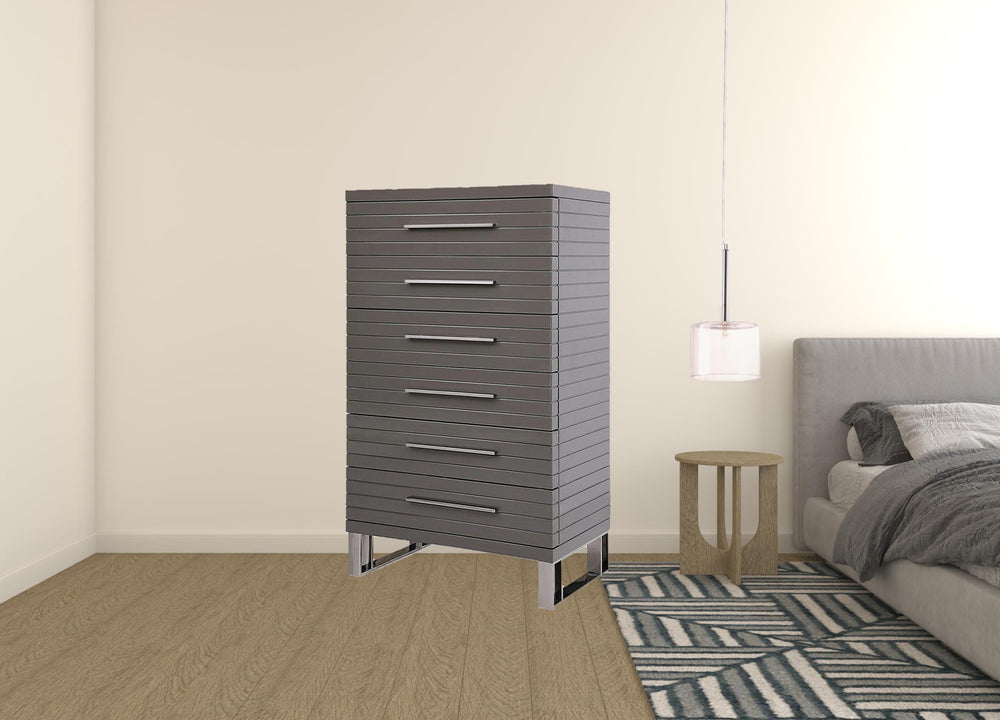 Homeroots 30" Grey Manufactured Wood + Solid Wood Stainless Steel Six Drawer Chest  Solid And Manufactured Wood 491549