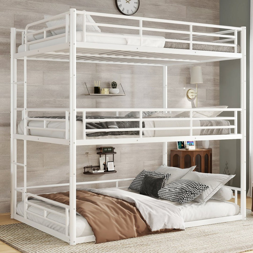 English Elm Twin Triple Metal Bunk Bed Matte Powder Coated Frame with Full Safety Guardrails Light White W1580S00581