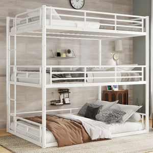 English Elm Twin Triple Metal Bunk Bed Matte Powder Coated Frame with Full Safety Guardrails Light White W1580S00581