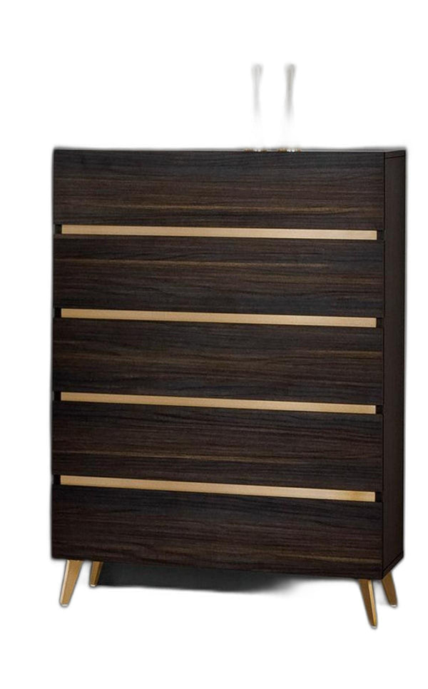 Homeroots 33" Drk Brown White Marble Manufactured Wood + Solid Wood Stainless Steel Five Drawer Chest  Solid And Manufactured Wood 491550