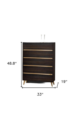 Homeroots 33" Drk Brown White Marble Manufactured Wood + Solid Wood Stainless Steel Five Drawer Chest  Solid And Manufactured Wood 491550