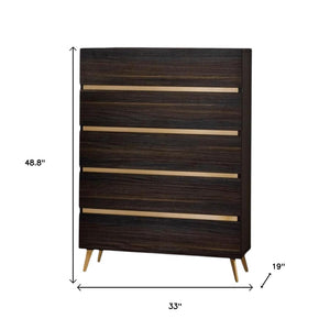HomeRoots 33" Stylish Dark Brown & White Marble 5-Drawer Chest with Stainless Steel Accents for Modern Spaces 491550