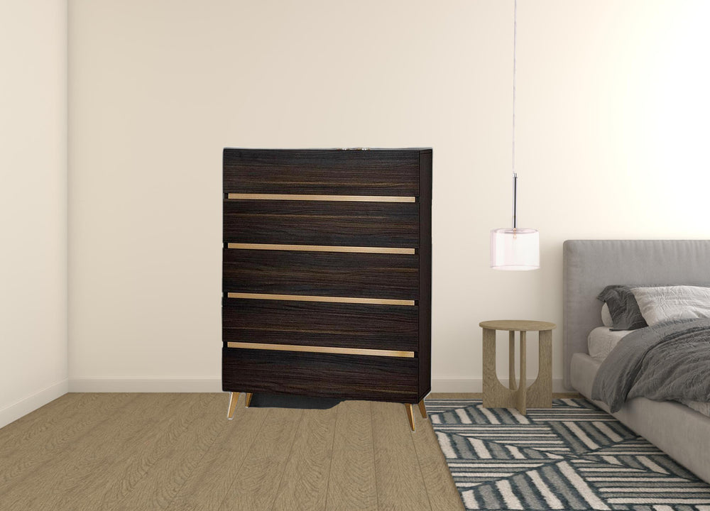 Homeroots 33" Drk Brown White Marble Manufactured Wood + Solid Wood Stainless Steel Five Drawer Chest  Solid And Manufactured Wood 491550