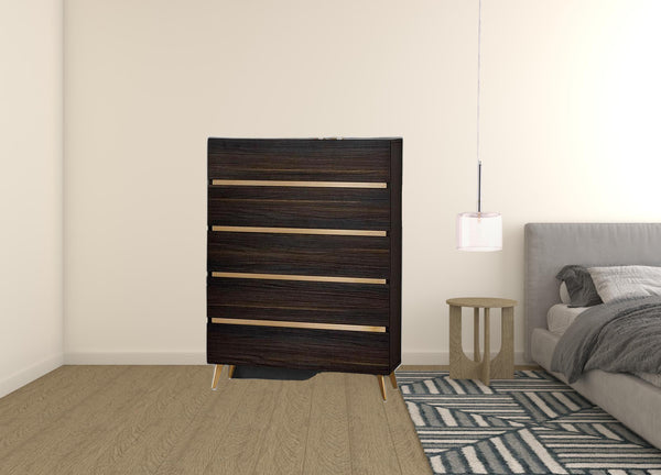 Homeroots 33" Drk Brown White Marble Manufactured Wood + Solid Wood Stainless Steel Five Drawer Chest  Solid And Manufactured Wood 491550