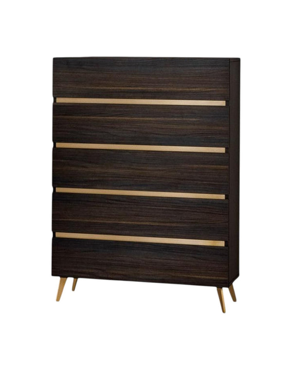 HomeRoots 33" Stylish Dark Brown & White Marble 5-Drawer Chest with Stainless Steel Accents for Modern Spaces 491550