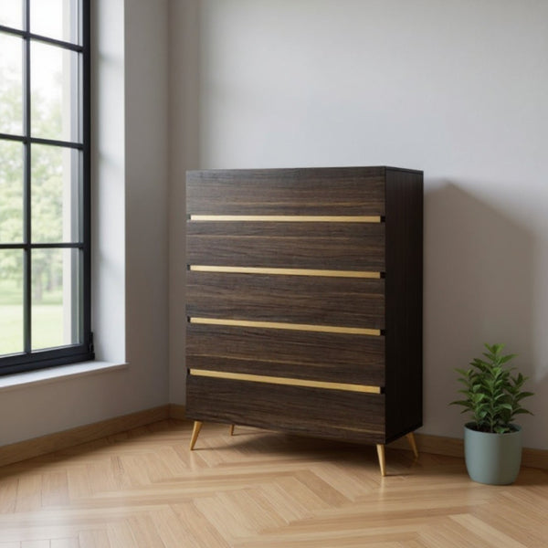 HomeRoots 33" Stylish Dark Brown & White Marble 5-Drawer Chest with Stainless Steel Accents for Modern Spaces 491550