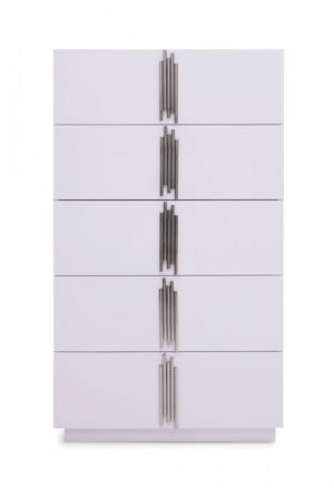 Homeroots 30" White Silver Manufactured Wood + Solid Wood Stainless Steel Five Drawer Chest  Solid And Manufactured Wood 491551