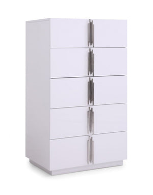 Homeroots 30" White Silver Manufactured Wood + Solid Wood Stainless Steel Five Drawer Chest  Solid And Manufactured Wood 491551