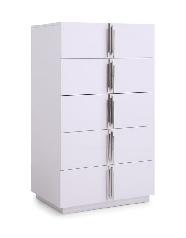 Homeroots 30" White Silver Manufactured Wood + Solid Wood Stainless Steel Five Drawer Chest  Solid And Manufactured Wood 491551