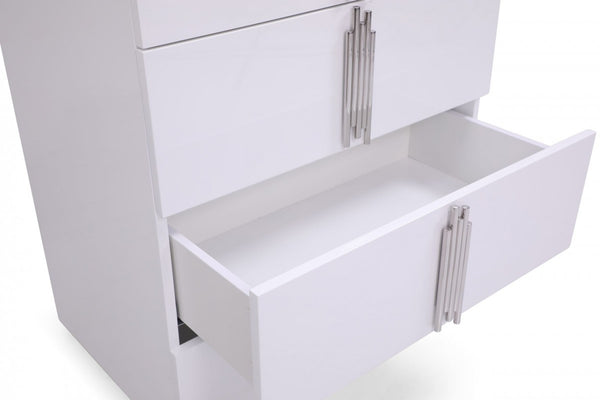 Homeroots 30" White Silver Manufactured Wood + Solid Wood Stainless Steel Five Drawer Chest  Solid And Manufactured Wood 491551