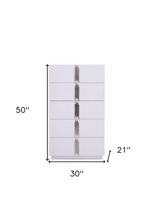 Homeroots 30" White Silver Manufactured Wood + Solid Wood Stainless Steel Five Drawer Chest  Solid And Manufactured Wood 491551