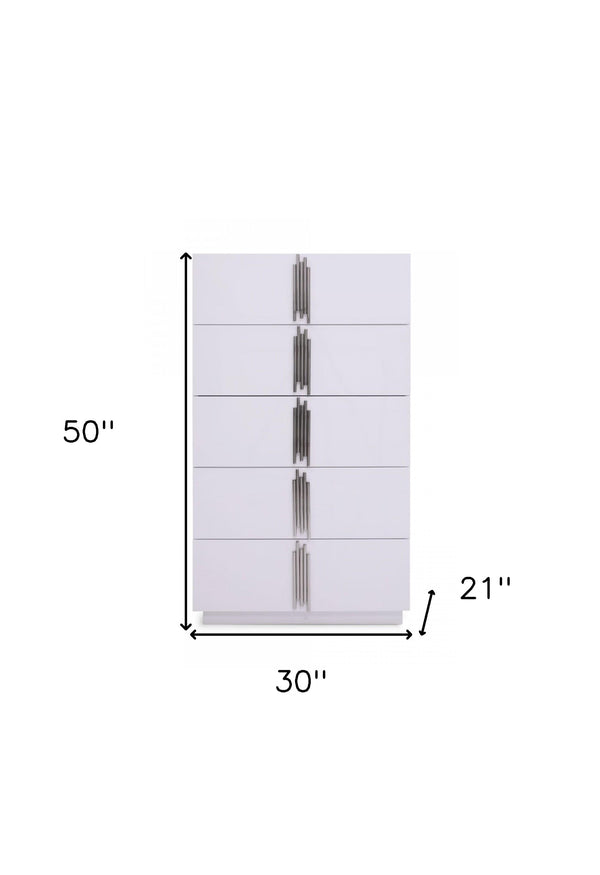 Homeroots 30" White Silver Manufactured Wood + Solid Wood Stainless Steel Five Drawer Chest  Solid And Manufactured Wood 491551