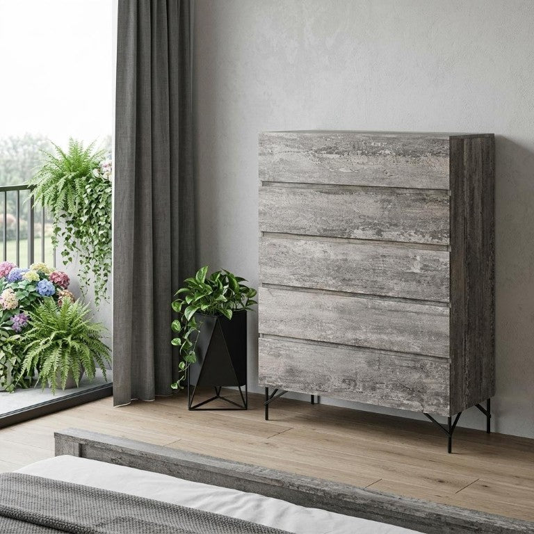 HomeRoots 33 Inch Five Drawer Wood Dresser Bedroom Storage Chest in Black Gray Finish 491553