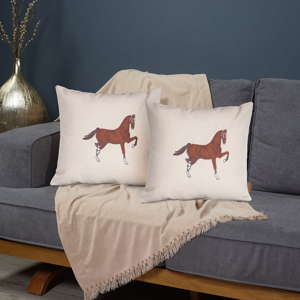Homeroots Set Of Two 18" Beige And Brown Horse Fabric Throw Pillows With Embroidery   491558