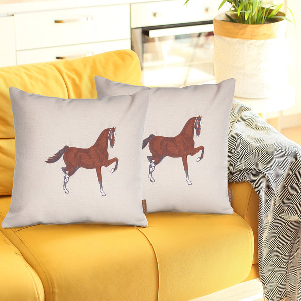Homeroots Set Of Two 18" Beige And Brown Horse Fabric Throw Pillows With Embroidery   491558