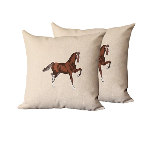 Homeroots Set Of Two 18" Beige And Brown Horse Fabric Throw Pillows With Embroidery   491558