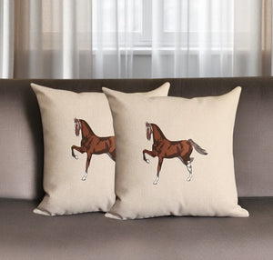 Homeroots Set Of Two 18" Beige And Brown Horse Fabric Throw Pillows With Embroidery   491558