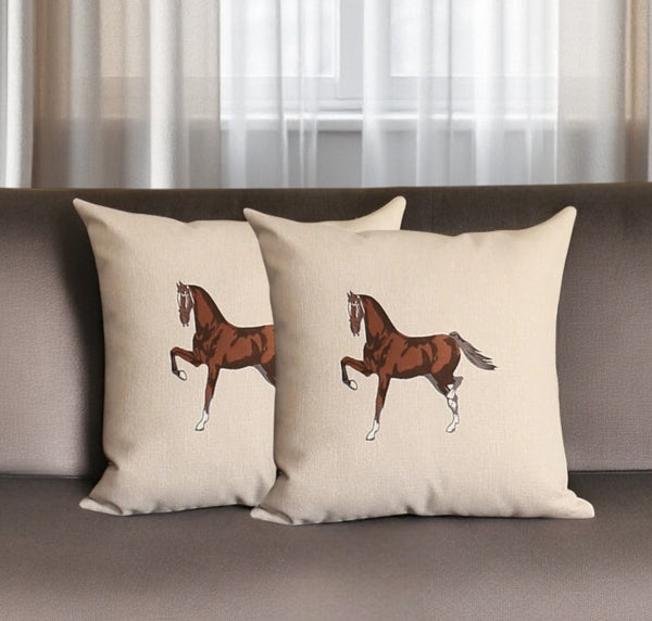 Homeroots Set Of Two 18" Beige And Brown Horse Fabric Throw Pillows With Embroidery   491558