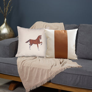 Homeroots Set Of Two Beige And Brown Horse Color Block Fabric And Faux Leather Throw Pillows With Embroidery   491560