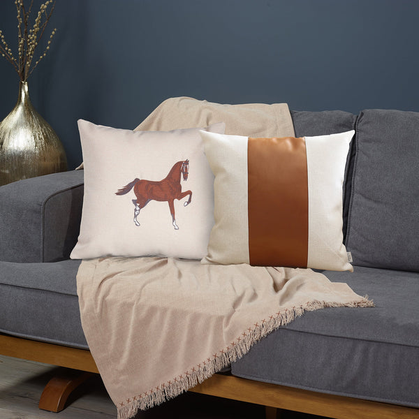 Homeroots Set Of Two Beige And Brown Horse Color Block Fabric And Faux Leather Throw Pillows With Embroidery   491560