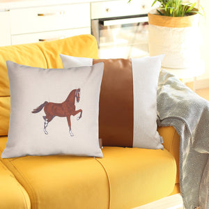Homeroots Set Of Two Beige And Brown Horse Color Block Fabric And Faux Leather Throw Pillows With Embroidery   491560