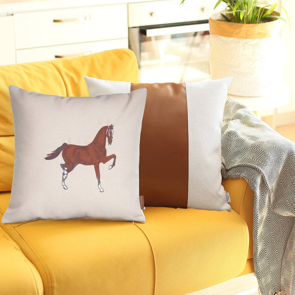 Homeroots Set Of Two Beige And Brown Horse Color Block Fabric And Faux Leather Throw Pillows With Embroidery   491560