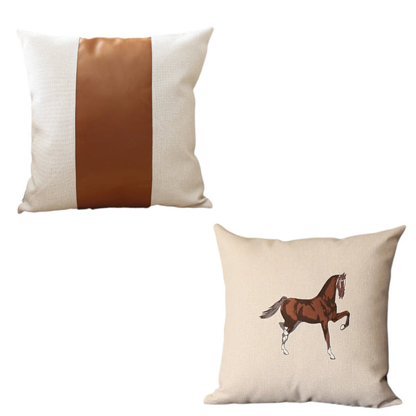 Homeroots Set Of Two Beige And Brown Horse Color Block Fabric And Faux Leather Throw Pillows With Embroidery   491560