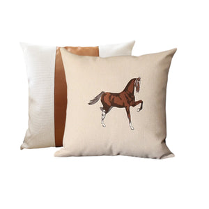 Homeroots Set Of Two Beige And Brown Horse Color Block Fabric And Faux Leather Throw Pillows With Embroidery   491560