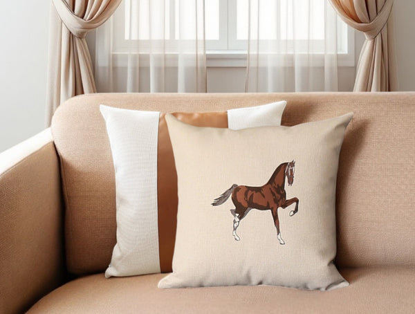 Homeroots Set Of Two Beige And Brown Horse Color Block Fabric And Faux Leather Throw Pillows With Embroidery   491560