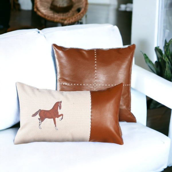 Homeroots Set Of Two Beige Horse Zippered Pillow With Embroidery   491563