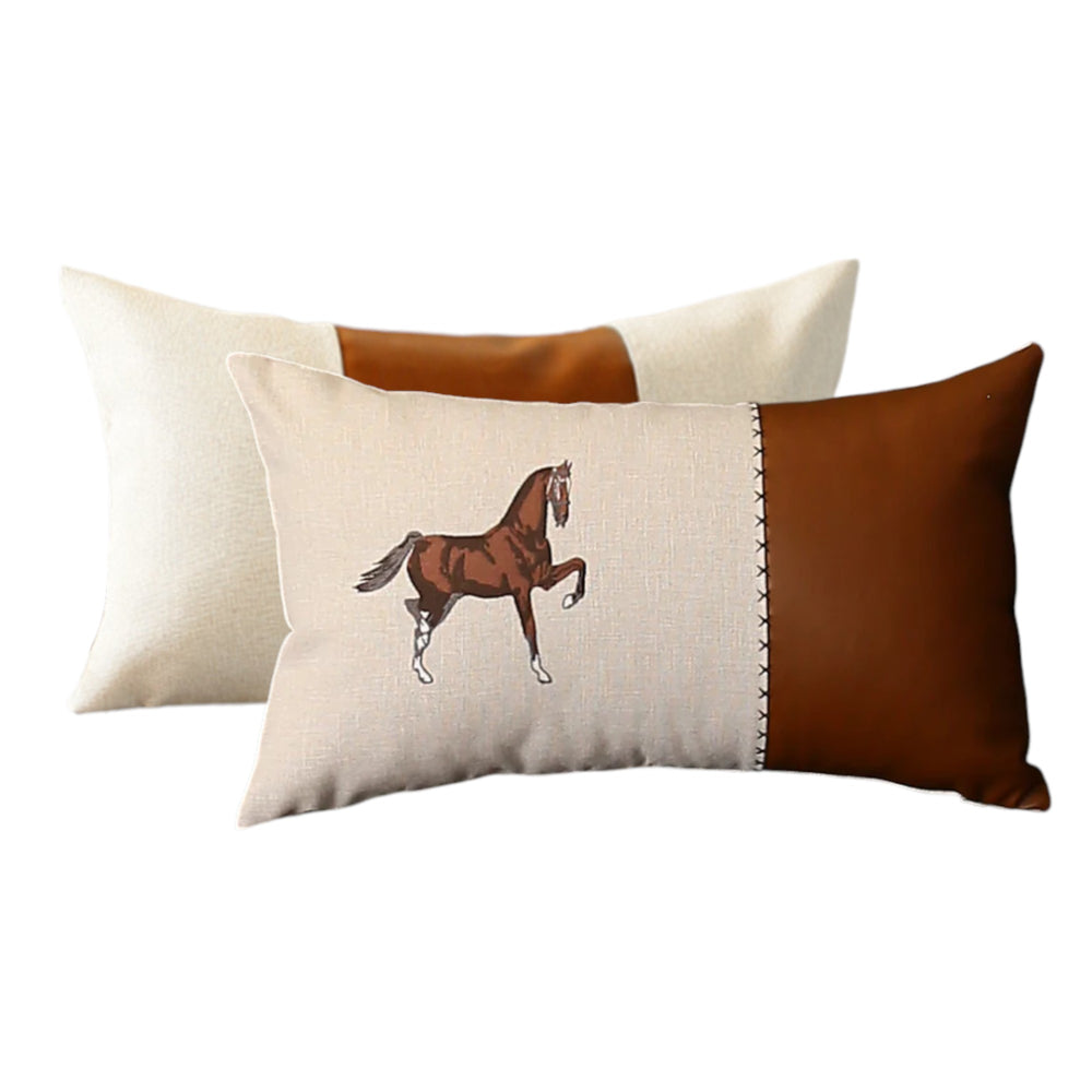 Homeroots Set Of Two Beige And Brown Horse Color Block Fabric And Faux Leather Lumbar Throw Pillows With Embroidery   491564