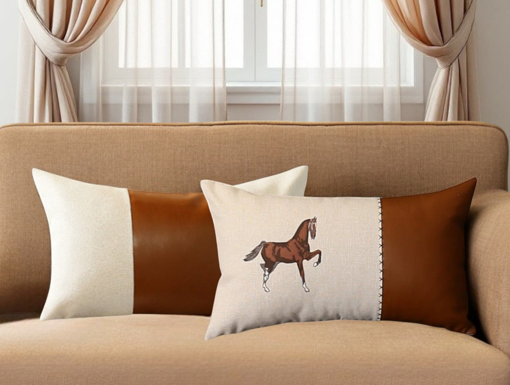 Homeroots Set Of Two Beige And Brown Horse Color Block Fabric And Faux Leather Lumbar Throw Pillows With Embroidery   491564