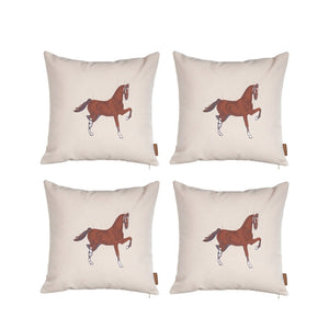 HomeRoots Set of Four 18" Beige Horse Embroidered Polyester Pillows for Rustic Charm & Cozy Comfort 491569